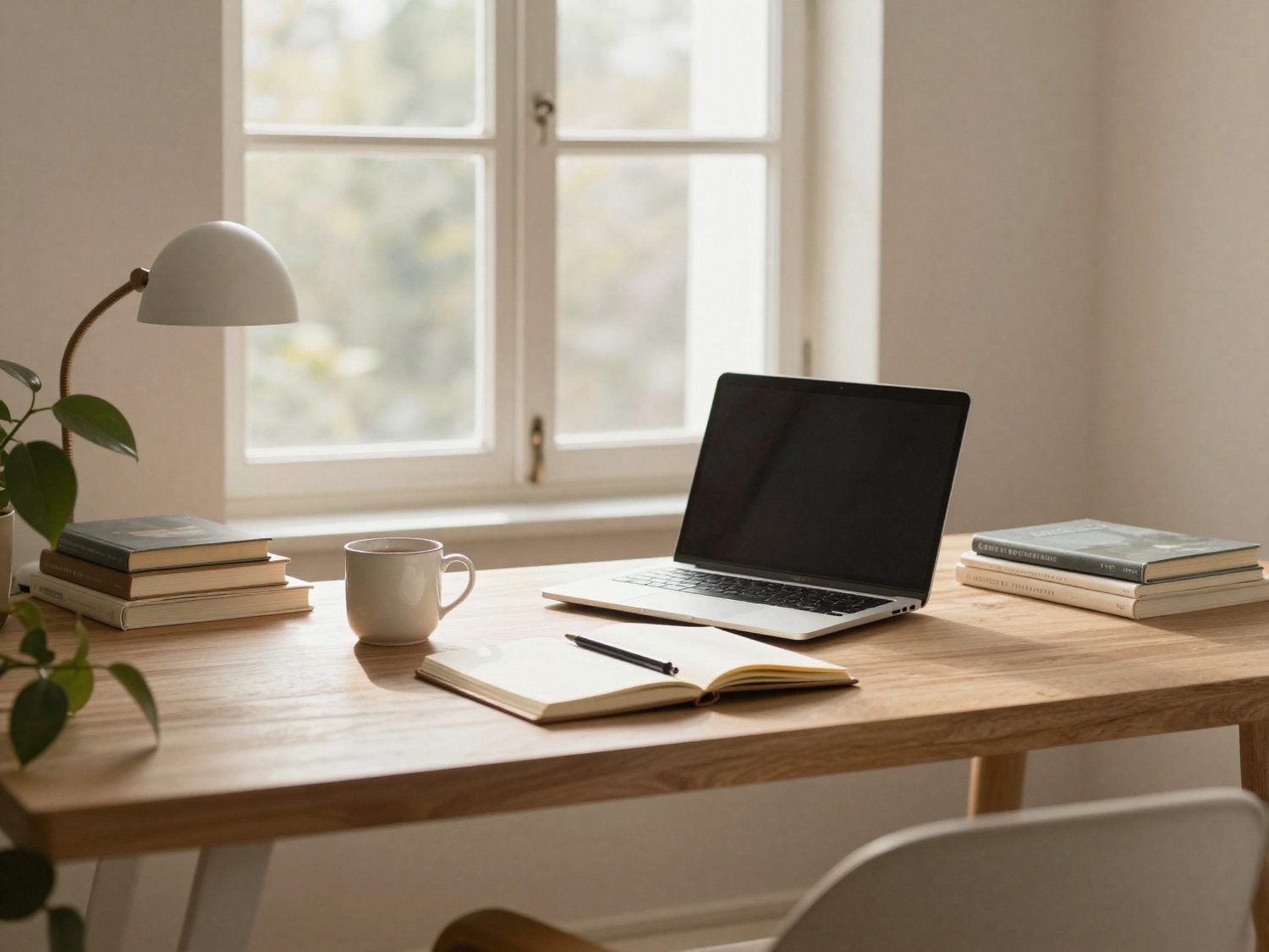 A warm, tidy desk at golden hour with a journal, a warm drink, and soft light