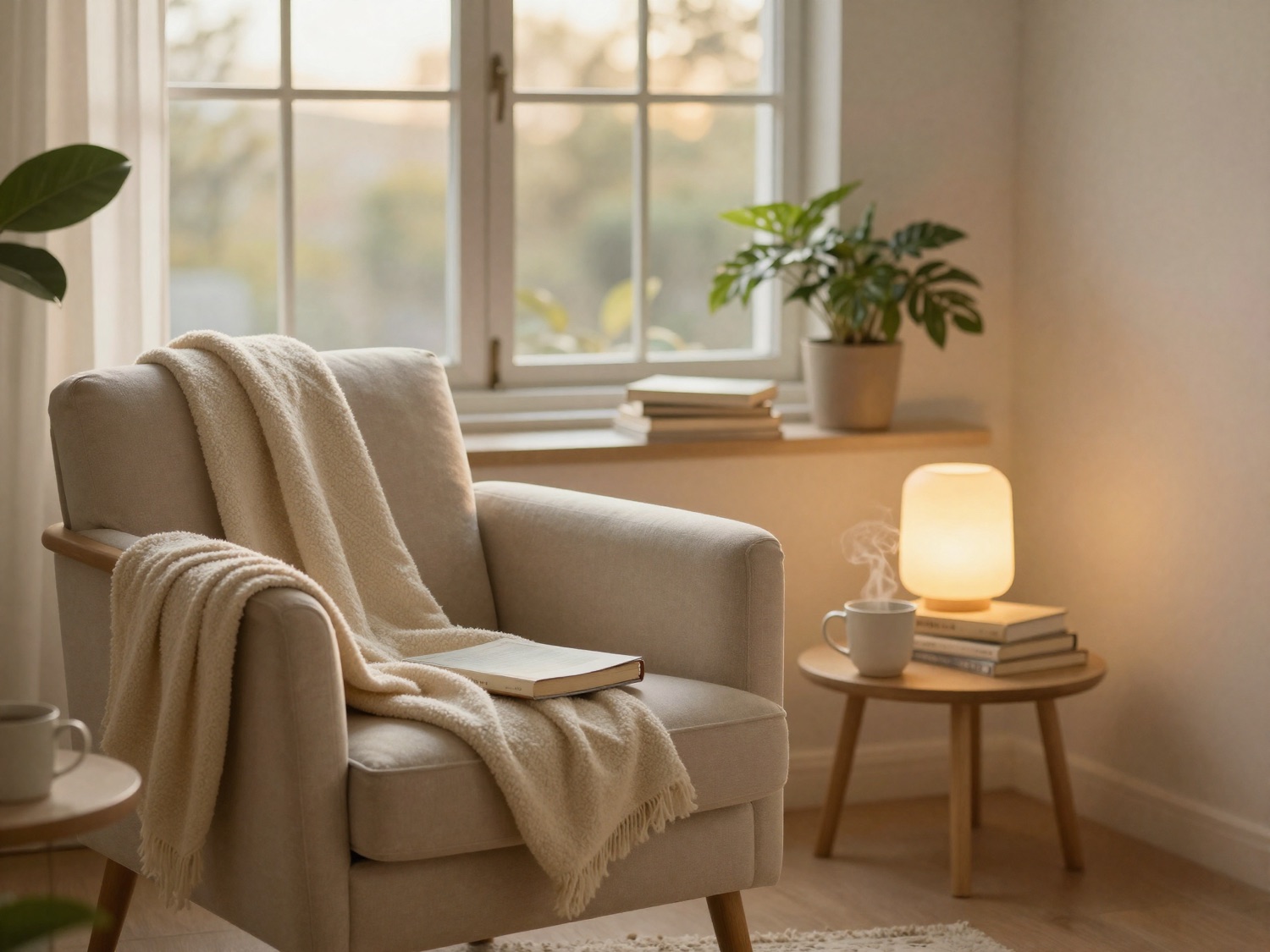 A cozy reading nook at golden hour with a comfortable chair, books, a warm lamp and plants
